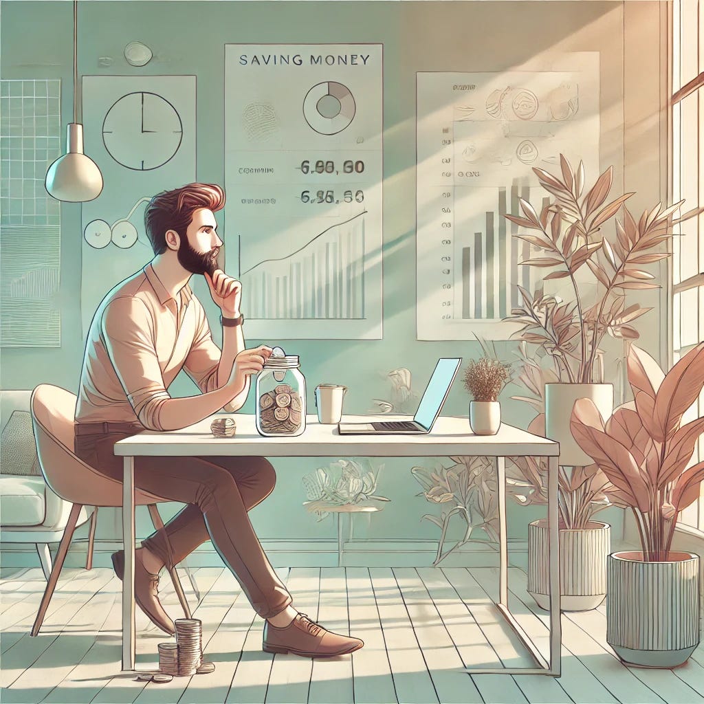 A highly aesthetic and visually appealing illustration of a startup founder creatively trying to save money. The founder is seated at a modern desk in a minimalistic yet stylish office, with soft natural light streaming through a large window. The workspace is adorned with potted plants, a laptop, and papers showing financial calculations. The founder looks thoughtful, holding a coin jar in one hand and a notepad in the other, symbolizing strategic planning. The overall color palette features pastel hues and earthy tones, creating a calming and elegant vibe. The scene reflects a harmonious blend of ambition and mindfulness.