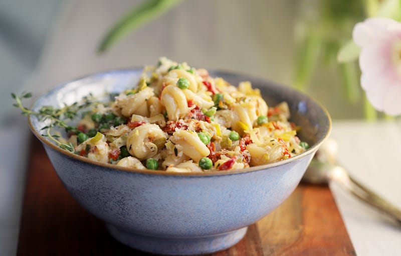 Curly Pasta with Melty Leeks, Peas, Goat Cheese, Sundried Tomatoes, and Thyme; Cook the Vineyard