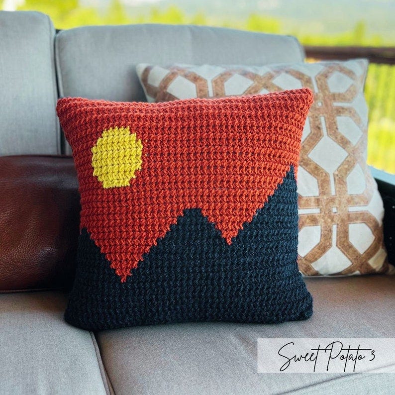 Mountain Sunset Pillow Cover Crochet Pattern, moon, home decor, mountain peak silhouette, pillowcase, housewarming gift, landscape decor image 3