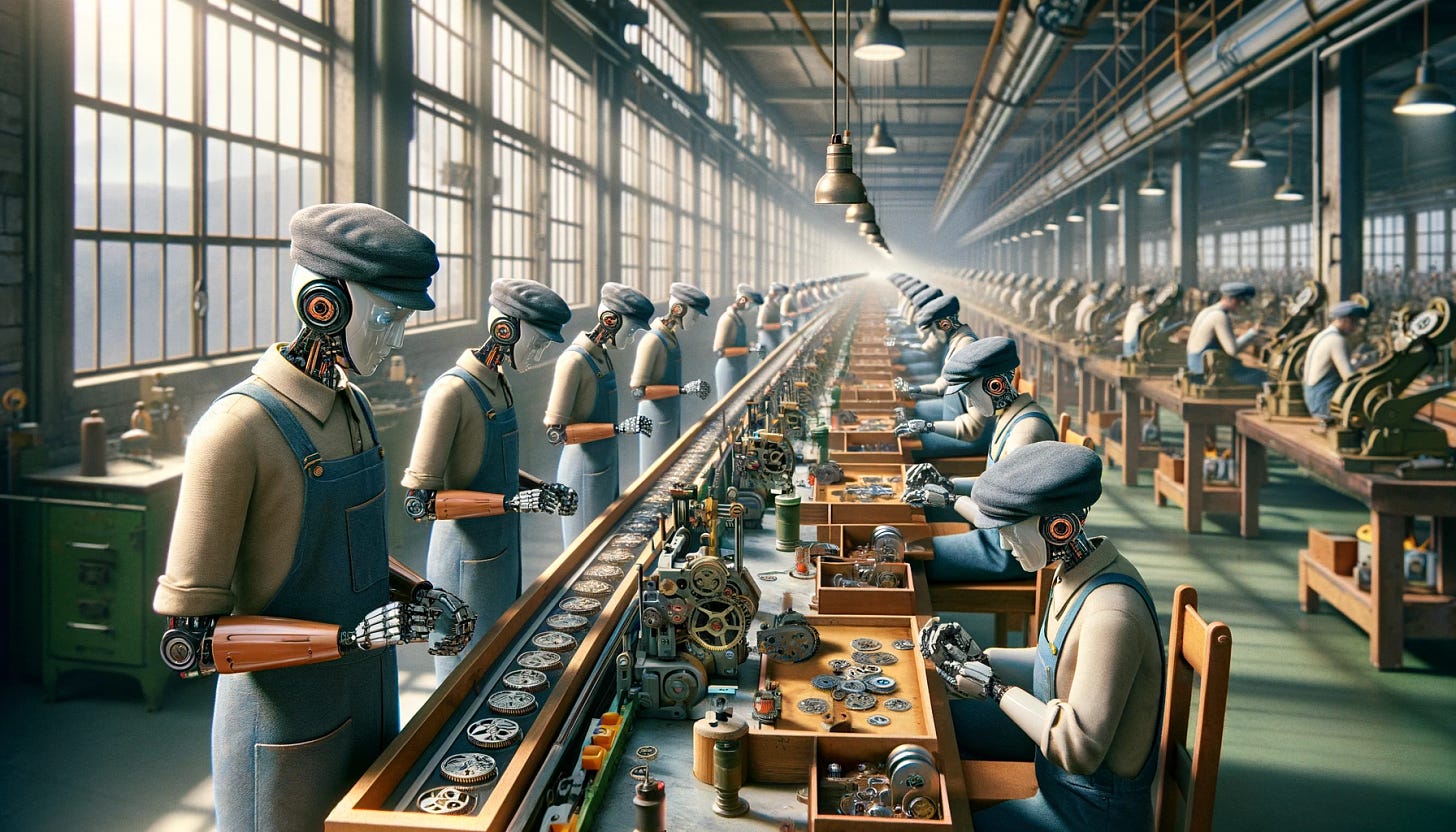 DALL·E 2024-04-08 14.06.25 - A 1940s-themed watch assembly line where the workers are human-looking robots. The setting is .webp