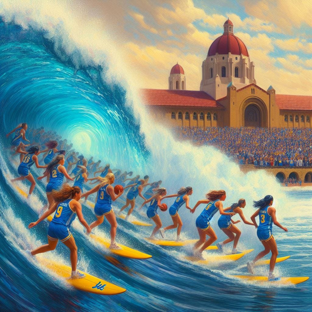 The UCLA women's basketball team surfing in on a huge wave to Stanford's campus, impressionism