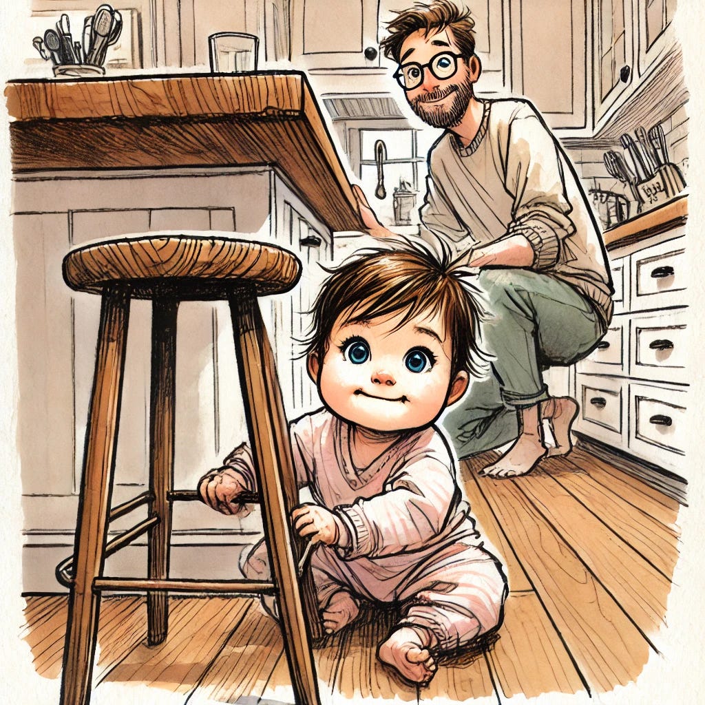 Alt text: A baby girl with brown hair and blue eyes sits on the kitchen floor, stuck between a wooden barstool and a kitchen island. Nearby, her bearded father crouches, smiling with encouragement.