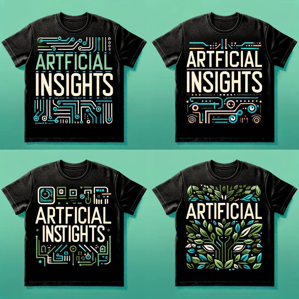 Graphic t-shirt designs featuring the phrase 'Artificial Insights' in creative, bold lettering. The designs showcase the text as the main element, with each shirt having a unique theme: one with circuit-like lettering, another with a neon sign effect, and a third with an eco-friendly, leafy motif integrating technology and nature. The backgrounds are minimalist to highlight the text, using shades that contrast well with the lettering to make the phrase stand out.