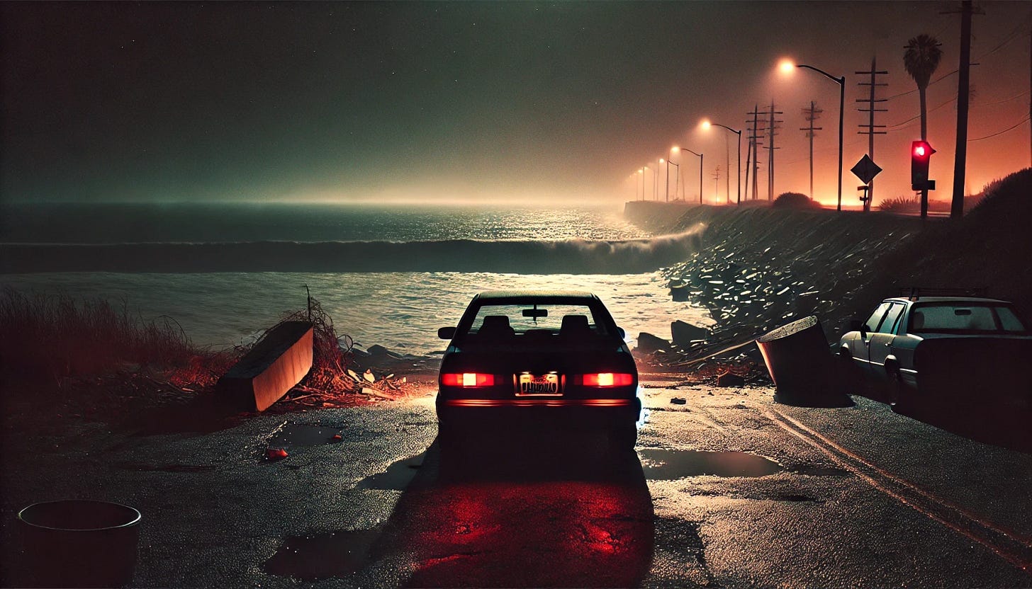 A ground-level nighttime view of the oceanfront in the Waterfront District of Santa Maria, as seen from behind a parked car facing the dark waves. The silhouette of the car frames the bottom of the scene, its taillights faintly glowing, casting a soft red hue onto the wet pavement. The ocean stretches ahead, vast and uninterrupted, with no walls or barriers obstructing the view. The mist rolls in over the shoreline, obscuring the horizon. Scattered debris marks the neglected waterfront, while distant streetlights flicker, their reflections shimmering on the damp road. The wind carries the scent of salt and something metallic, a quiet tension hanging in the air. The atmosphere is desolate, charged with an eerie stillness, as if the sea itself is waiting.