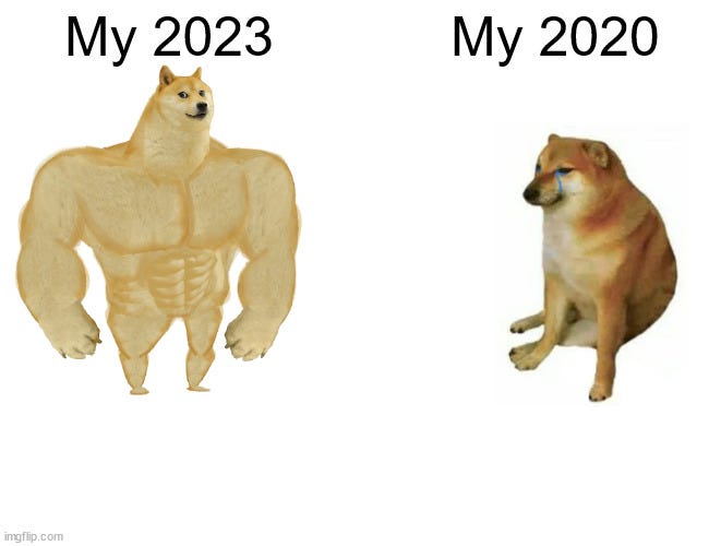 meme of 2 dogs. one really buff with text that reads my 2023 and a small sad dog with text that reads my 2020 meme of 2 dogs. one really buff with text that reads my 2023 and a small sad dog with text that reads my 2020