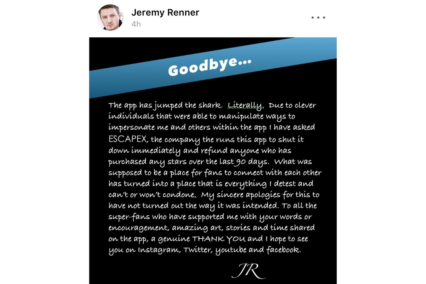 Jeremy Renner has shut down his official app after it was overrun by trolls.