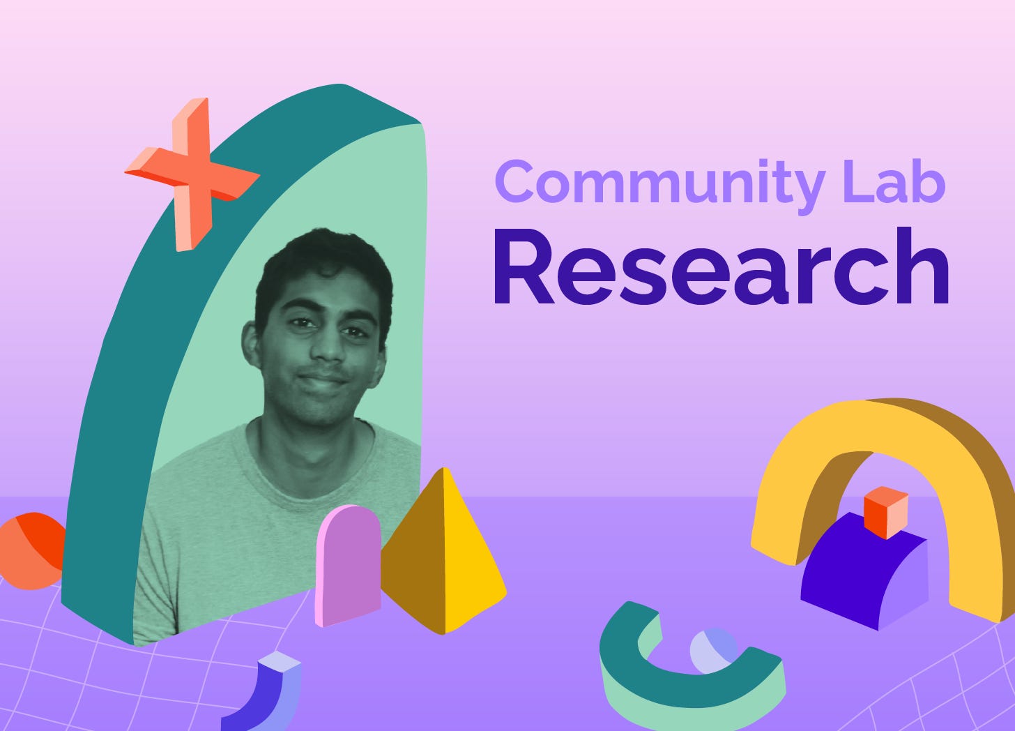 A decorative header image with lots of colorful shapes, a photo of Adit (a youngish Indian American man), and the text "Community Lab" and "Research"