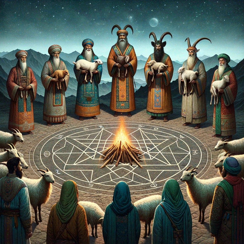 Modify the scene with six ancient chieftains from the Silk Road era, standing in a circle around a hexagram. The chieftains are distinct, representing Middle Eastern, East Asian, South Asian, and Central Asian cultures. Each holds a domestic animal: goats, rams, and a lamb. Their traditional attire includes elaborate headgear and robes. Enhance the central fire, making it larger and more suitable for a sacrifice. The hexagram is clear, with six distinct points along the circle, set against a starlit sky.