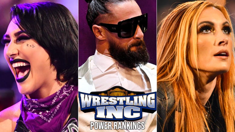 Split image with Rhea Ripley laughing, wearing a purple bandana on the left, Seth Rollins wearing a white sut and sunglasses in the middle, and Becky Lynch smiling and looking up, wearing a black leather jacket, on the right.