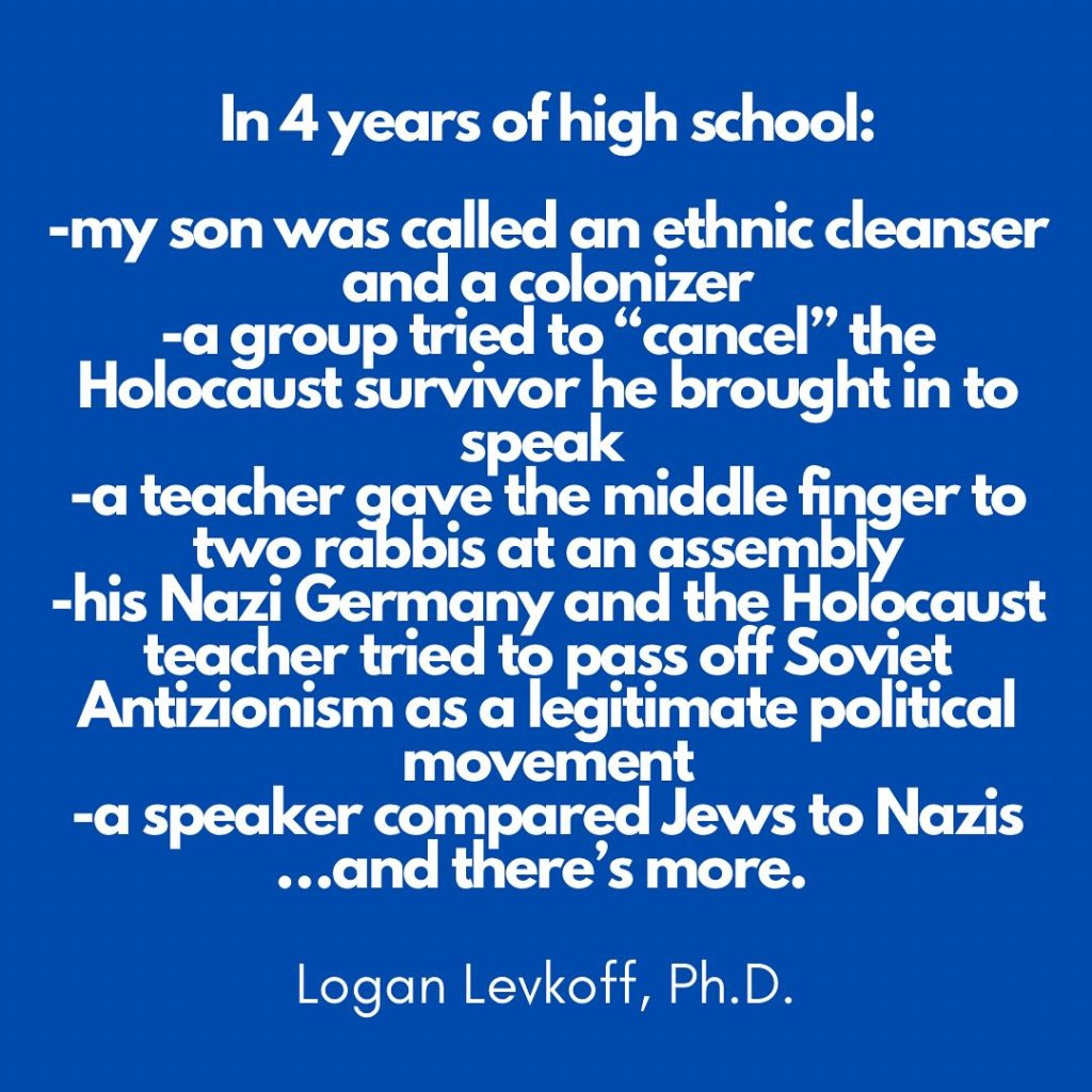 Screenshot of Dr. Logan Levkoff's Instagram post with white text on a blue background discussing her son's experiences at school and stance against anti-Israel graffiti