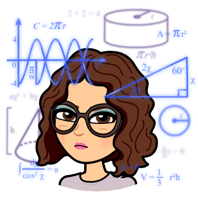 Bitmoji of the perplexed, four-eyed author with a gazillion graphs and diagrams and math formulas swirling around her head.