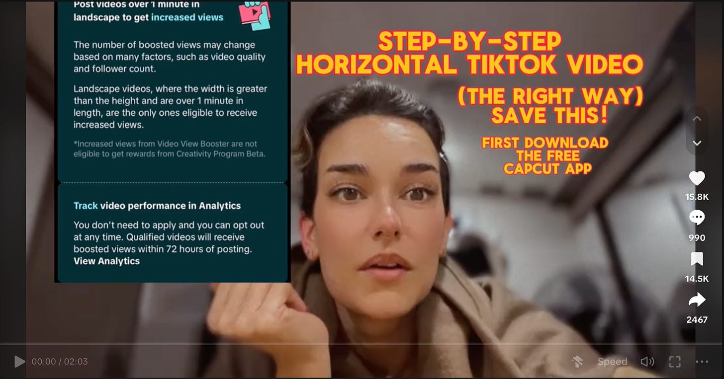 Screenshot of TikTok user kenlyealtumbiz with a landscape video. Text on screen reads: Step by step horizontal TikTok video (The right way to save this!) First download the free CapCut app