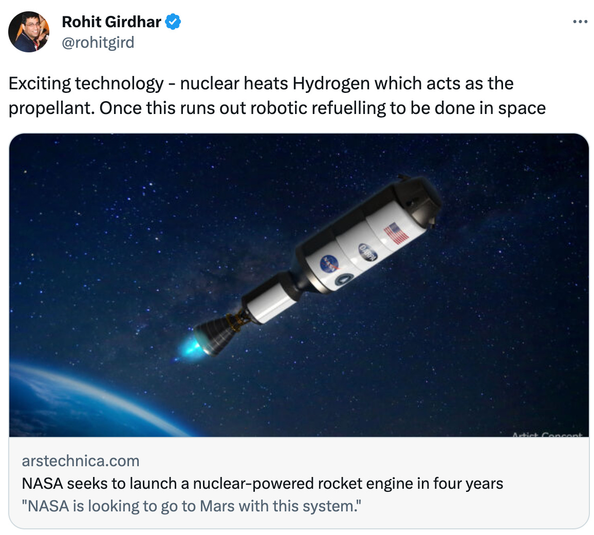  See new Tweets Conversation Rohit Girdhar @rohitgird Exciting technology - nuclear heats Hydrogen which acts as the propellant. Once this runs out robotic refuelling to be done in space arstechnica.com NASA seeks to launch a nuclear-powered rocket engine in four years "NASA is looking to go to Mars with this system." 