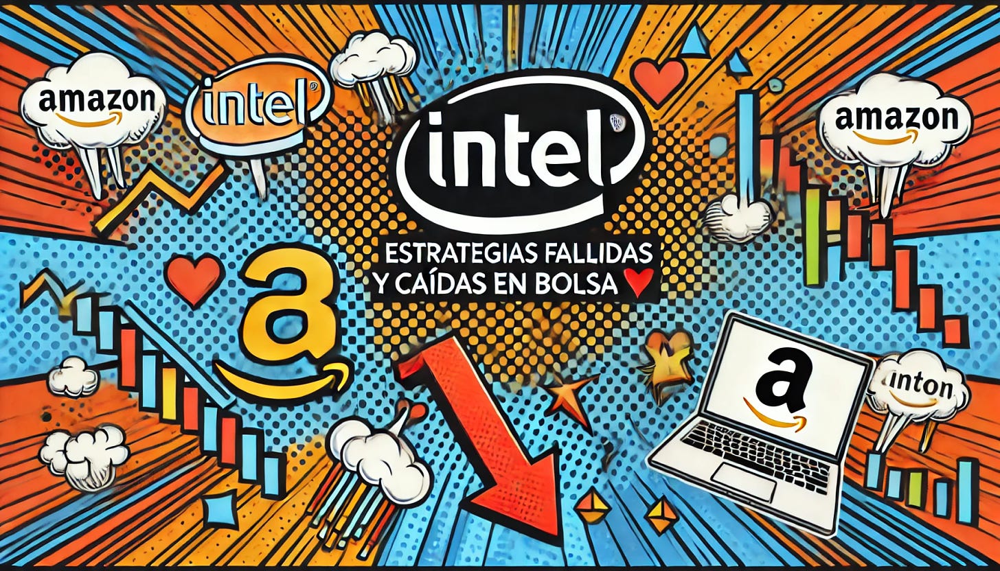 A stylized rectangular image representing 'Intel y Amazon en el Foco: Estrategias Fallidas y Caídas en Bolsa 📉💻' in a pop-art style. The image should feature the logos of Intel and Amazon, with symbols representing stock market decline such as downward arrows, charts, and technology icons like laptops. Use dynamic and bold colors like red, blue, and black to emphasize the impact of these companies' failed strategies and their stock price drops. Ensure that all text is clearly written, correctly spelled, and reviewed for accuracy.