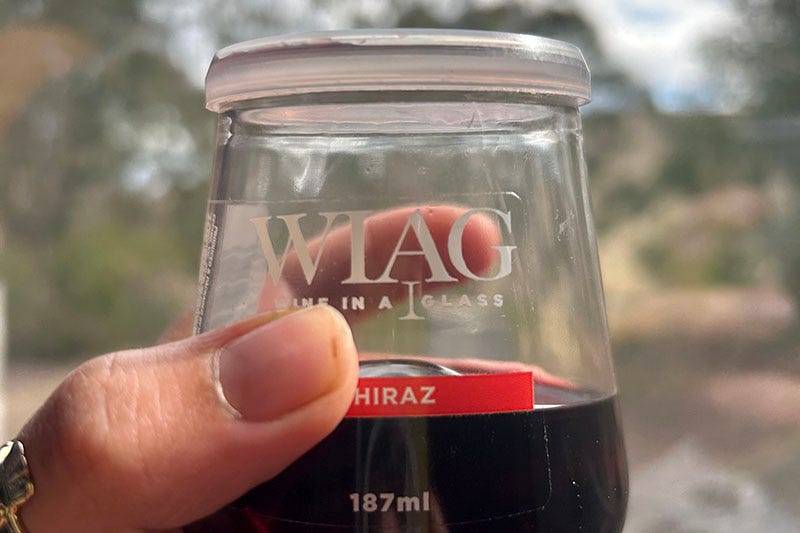 A hand holds a small glass of lidded wine, held up against a train window.