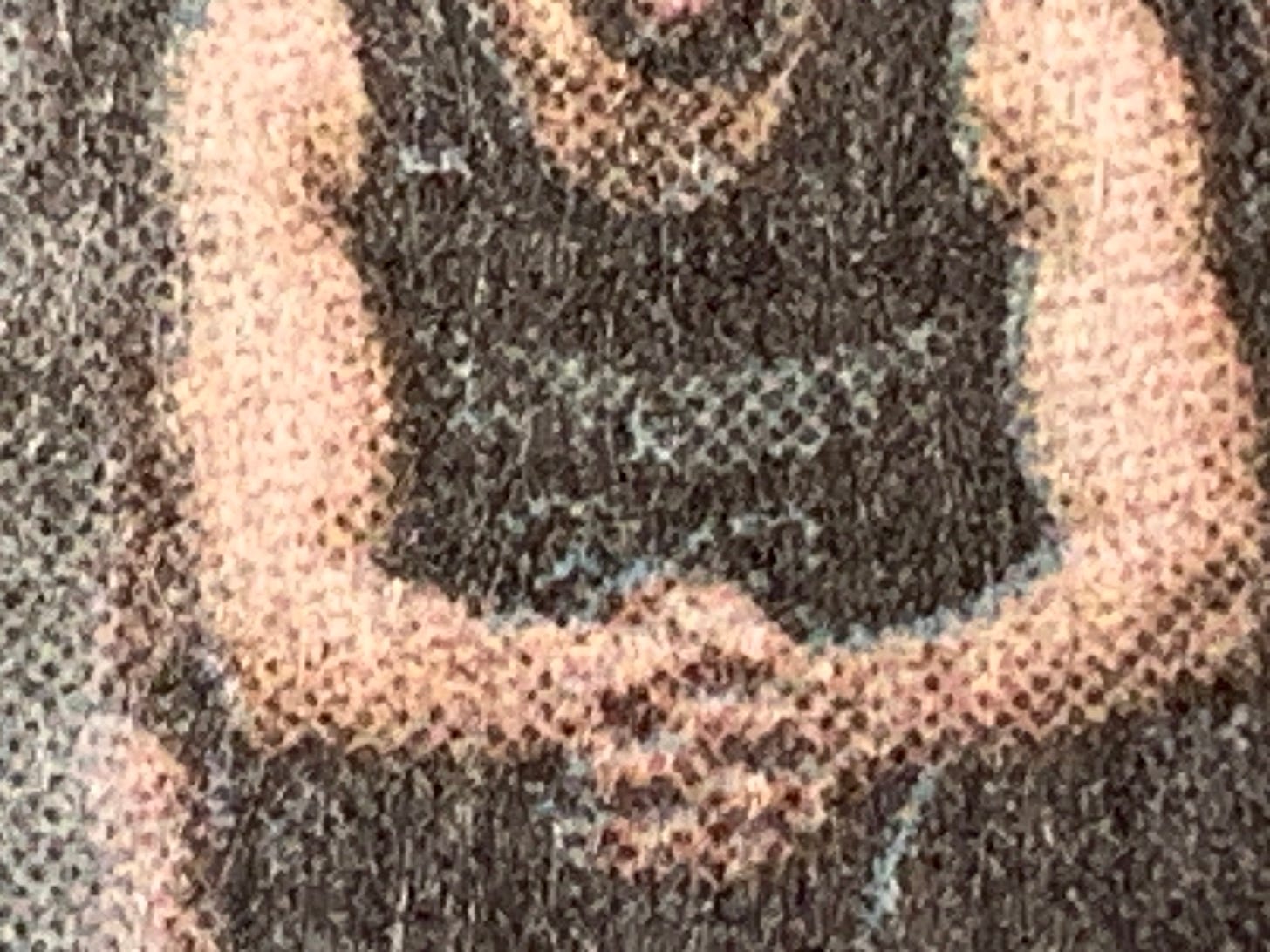 An extreme closeup detail of a photograph in the print edition of the New York Times, so the halftone dots of the printing process are enlarged. Detail contains an image of a college basketball player.
