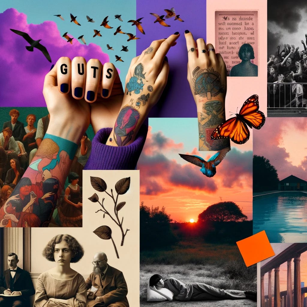 Create a montage blending the following elements together: a woman with the word 'GUTS' on her fingers lying on a purple backdrop, raised hands with tattoos against a sunset, a woman lying down holding a phone with a nostalgic expression, a chaotic collage of people with a bright pink title, a man in a relaxed pose with a dark and moody atmosphere, an image of a swimming pool under a stormy sky, a historical reenactment scene in a room, a woman's portrait with the title 'My back was a bridge for you to cross', and a branch with a shadow and an orange note attached. The montage should have an artistic and surreal quality, integrating these diverse themes into a cohesive image.