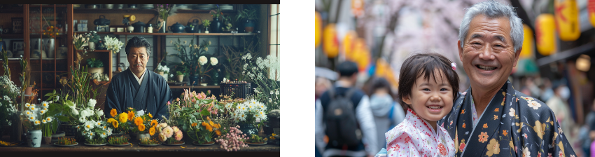 A compelling juxtaposition featuring a portrait of a Japanese florist surrounded by lush flowers opposite a candid photograph of an elderly man and a young girl enjoying a festive atmosphere.