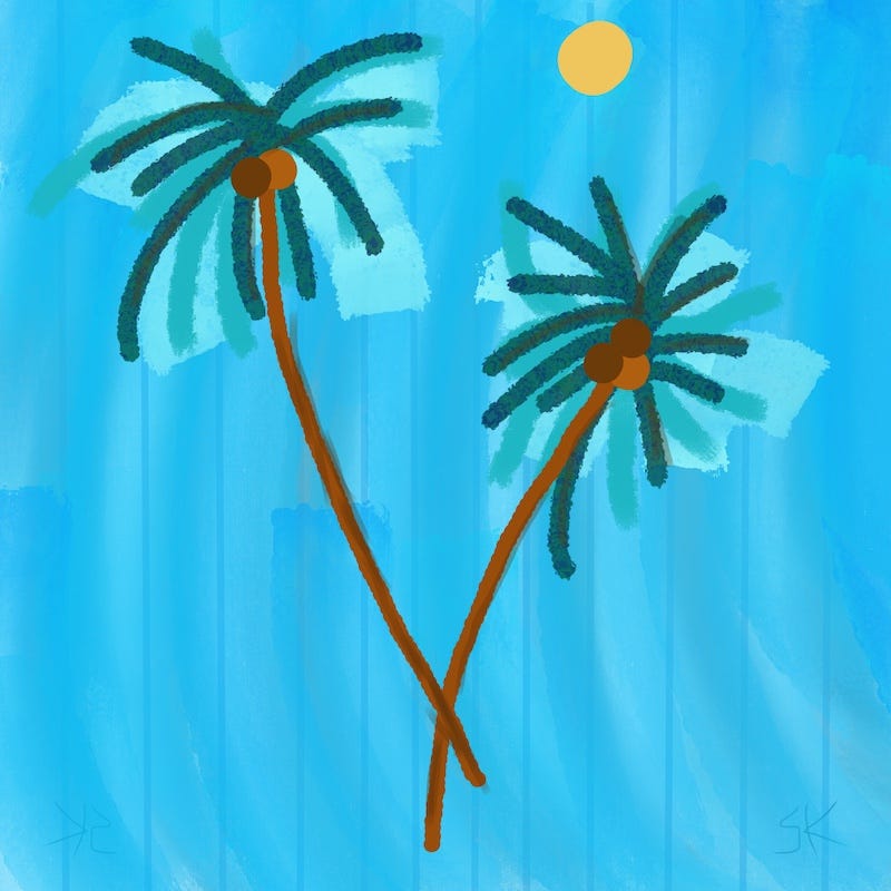 Image of two simple palm trees, trunks crossed to sugged a Peace Sign against a sky blue background.