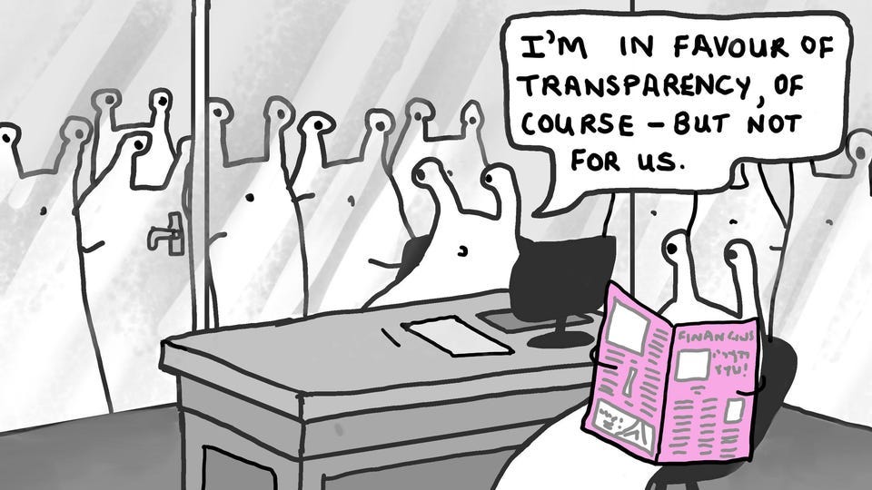 A joke about transparency in banking.