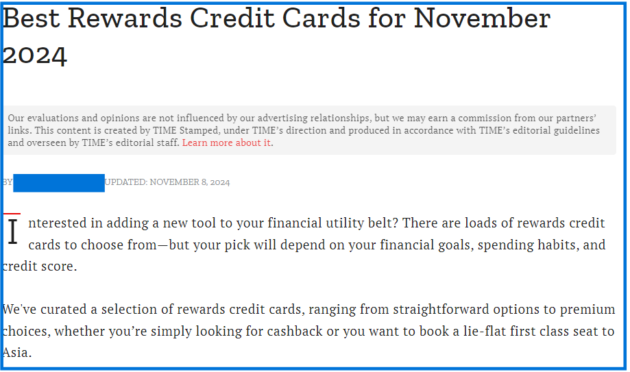 A screenshot of the best rewards credits cards from Time Stamped