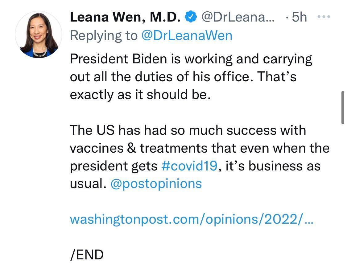 Leana Wen tweets out that it's good Biden is working through his COVID infection.