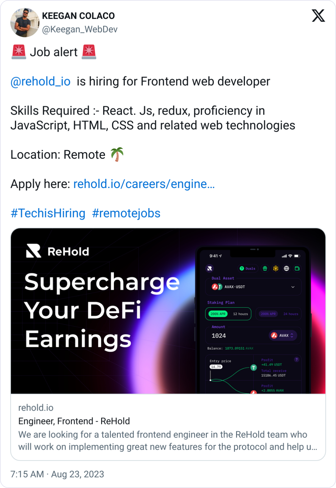  KEEGAN COLACO @Keegan_WebDev 🚨 Job alert 🚨  @rehold_io   is hiring for Frontend web developer  Skills Required :- React. Js, redux, proficiency in JavaScript, HTML, CSS and related web technologies  Location: Remote 🌴  Apply here: https://rehold.io/careers/engineer-frontend  #TechisHiring  #remotejobs