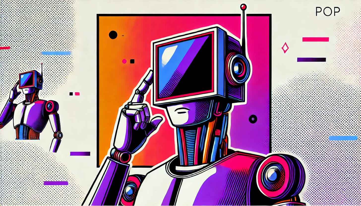 A pop art style illustration of a robot with a screen for a head. The color palette is restricted to bright purple, bright orange, black, and white, with a white background. The robot has a sleek and minimalistic design, with a display screen instead of a traditional face, symbolizing artificial intelligence and digital interaction. The scene is clean and simple, emphasizing the futuristic and tech-driven concept.