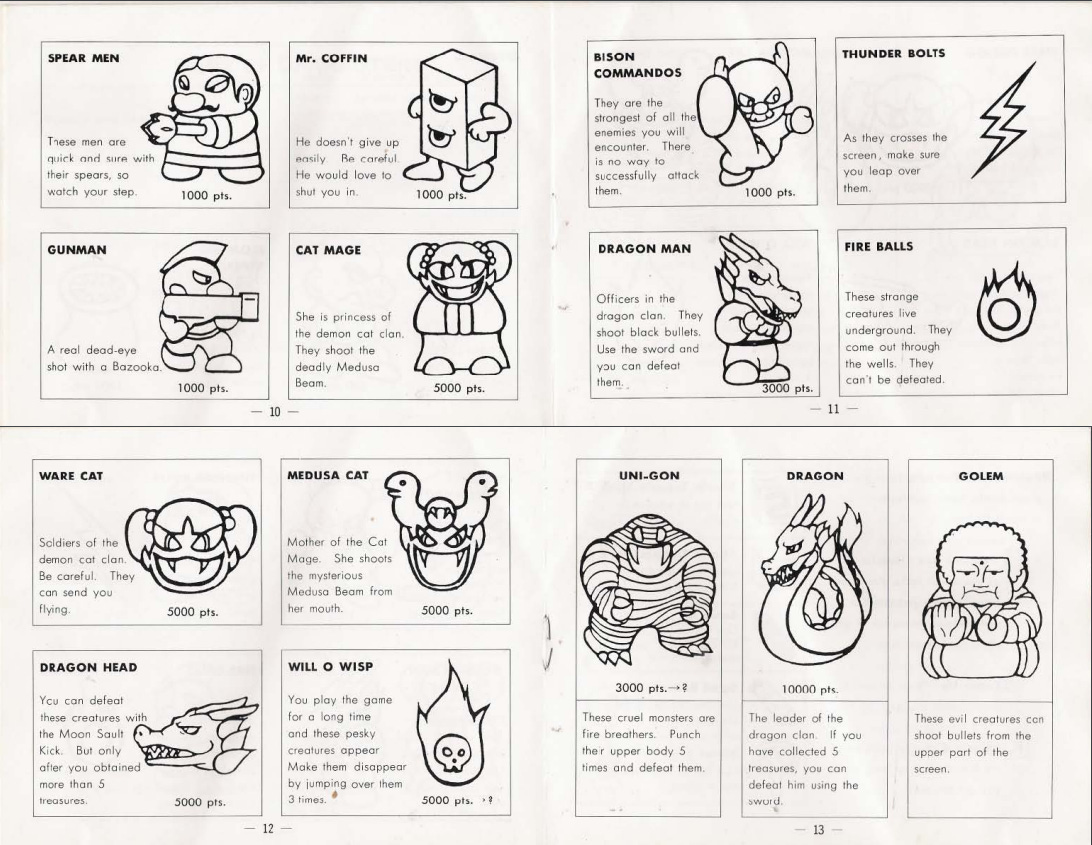 A combined image of scans of the Kung Fu Heroes manual, pages 11 through 13, showing off quite a few of the game's enemies, with descriptions of each.