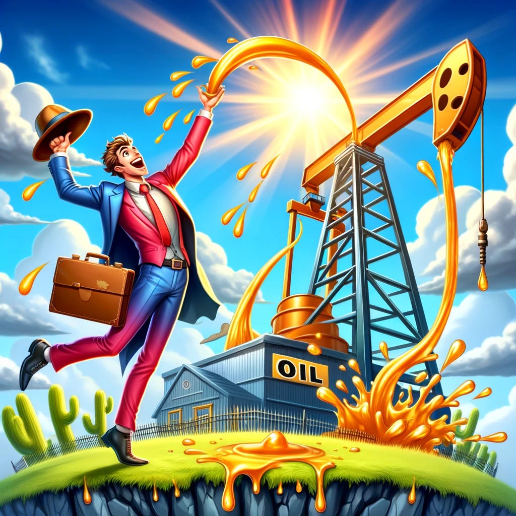 The image portrays a lively and fun scene with an oil trader celebrating a successful discovery. The trader, dressed in a colorful suit, is animatedly throwing his hat in the air with joy. Behind him, a large oil derrick is gushing oil high into the sky in a dramatic, almost exaggerated fashion, symbolizing an abundant oil discovery. The background is vibrant and playful, with cartoonish clouds and a bright sun, adding to the joyful and triumphant atmosphere. The scene is filled with a sense of excitement, success, and a fun twist on the oil trading and discovery theme.