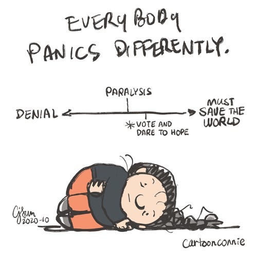 Style of panic, sketchbook drawing caption: everybody panics differently. cartoon drawing depicting panic on a scale from denial to save the world with paralysis and voting in between, sketchbook illustration by connie sun, cartoonconnie