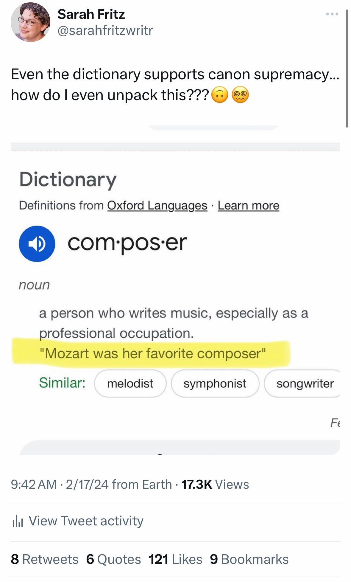 even the dictionary promotes canon supremacy... how do I even unpack this? [image of definition of composer with sample sentence "Mozart was her favorite composer."