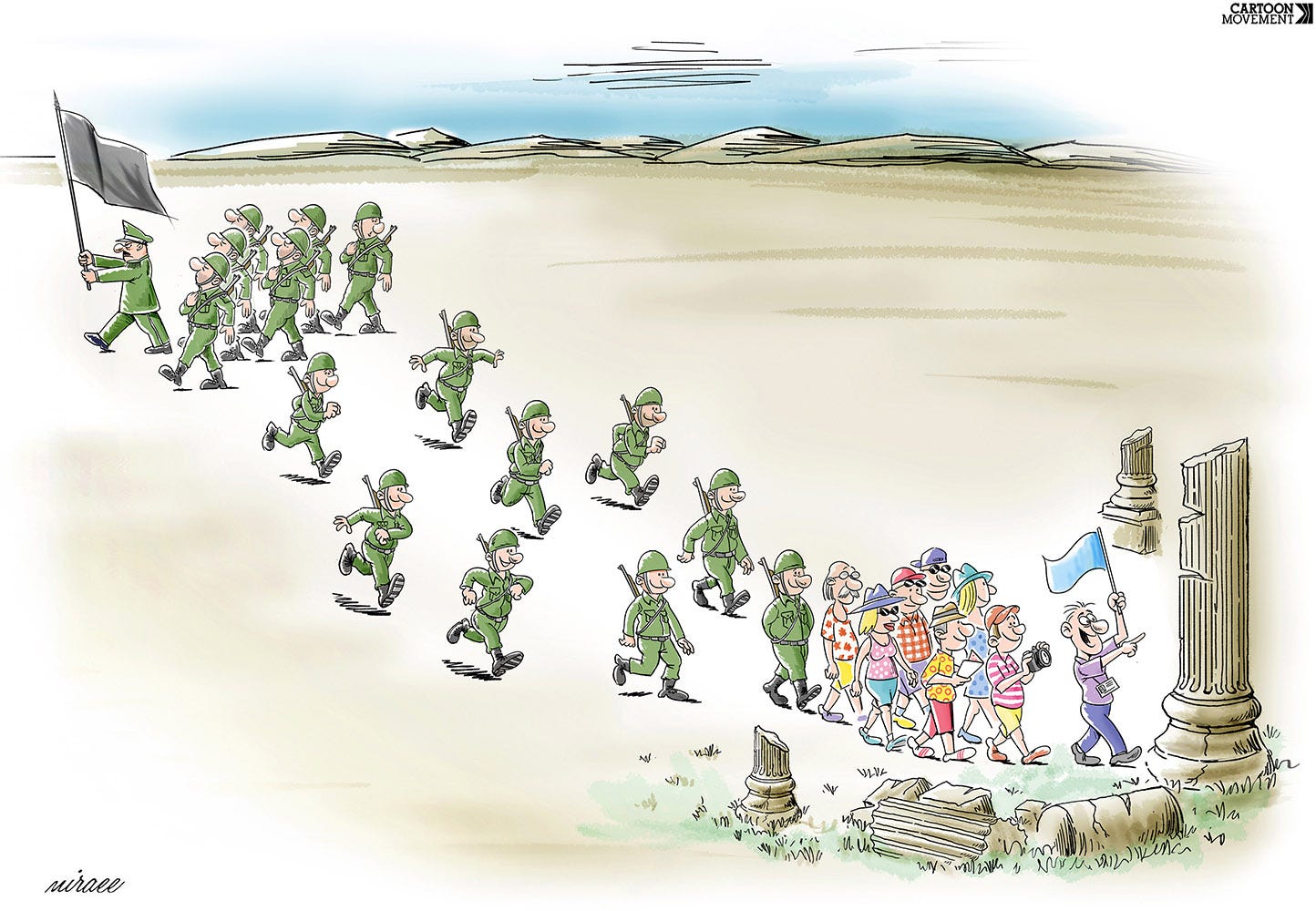 Cartoon showing soldiers following a general carrying a black flag. At the back of the group of soldiers, some of them are turning and walking away, deciding to follow a tour guide with a blue flag, who is guiding a group of tourists through the ruins of an ancient temple, instead.