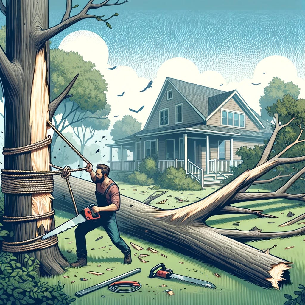 A digital illustration for a blog article about overcoming obstacles. The scene shows a suburban backyard with a large fallen tree branch. A man, in casual attire, is cutting the branch with a saw while tied with ropes to the trunk for safety. The background features a damaged but intact house and a clear sky, symbolizing hope and recovery. The image conveys a sense of action and resolution, fitting for an article that discusses using strategic thinking to turn challenges into opportunities.