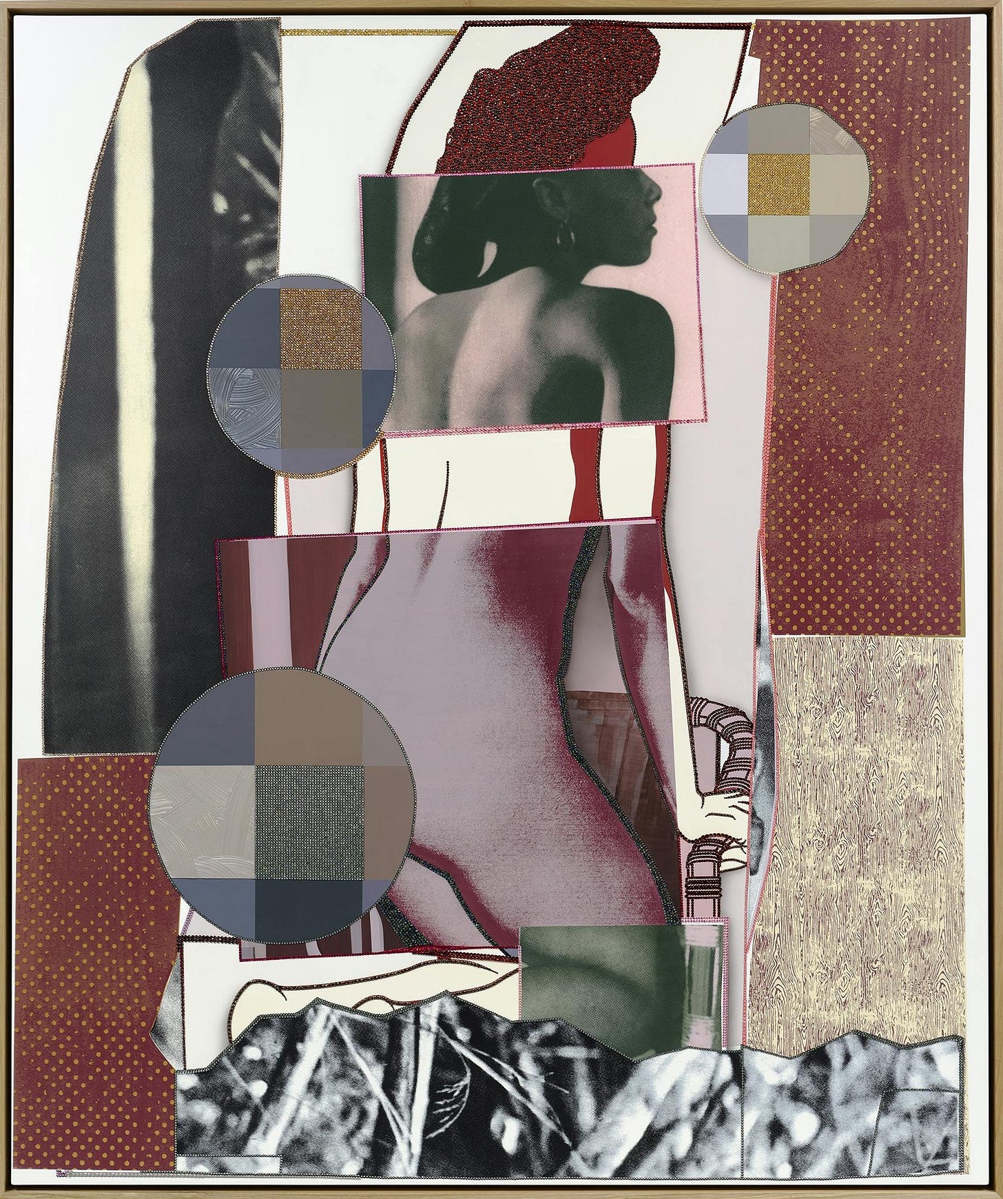 A nude black woman is pieced together using different photographs, in combination with drawings. Her butt is covered by a blue and gold multi-colored circle. There is an additional colored circle, as well as different colors and prints surrounding her. A nude black woman is pieced together using different photographs, in combination with drawings. Her butt is covered by a blue and gold multi-colored circle. There is an additional colored circle, as well as different colors and prints surrounding her.