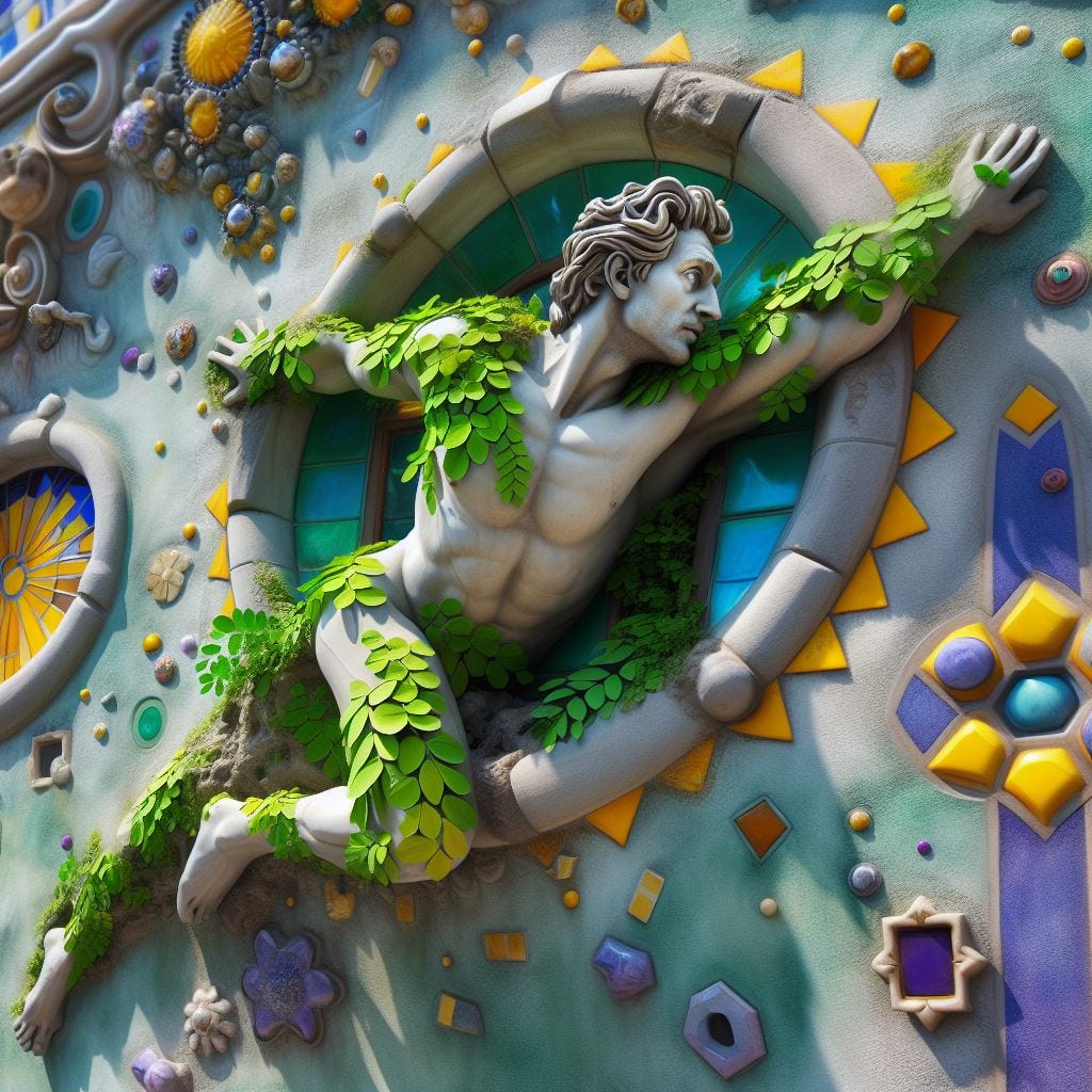Hyper realistic; tilt shift; Lensbaby Effect.male cosmopolitan MANNEQUIN STATUE OF soapstone merging Quatrefoil on wall: mannequin is dancing in tiny moringa leaf green and yellow outfit. one with prussian blue Gothic Tracery: Louver yellow and chartreuse decorative ceiling tiles. gold and purple-grey and green details .man merges into the Hundertwasserhaus, Vienna, Austria:  his body partly embedded in wall. scattered GLITTER. sunny sky, fluffy clouds.  radiant. Neon