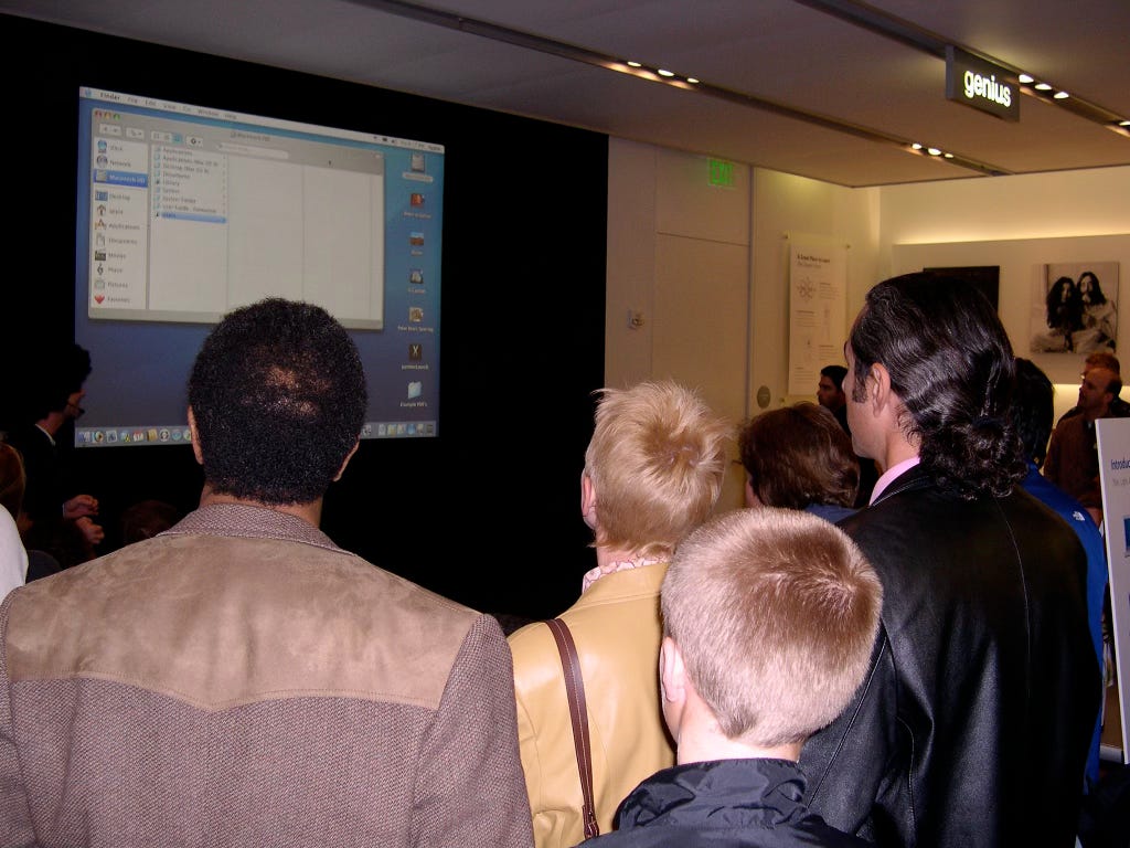 Apple Store customers watch a Mac OS X demo during Night of the Panther.