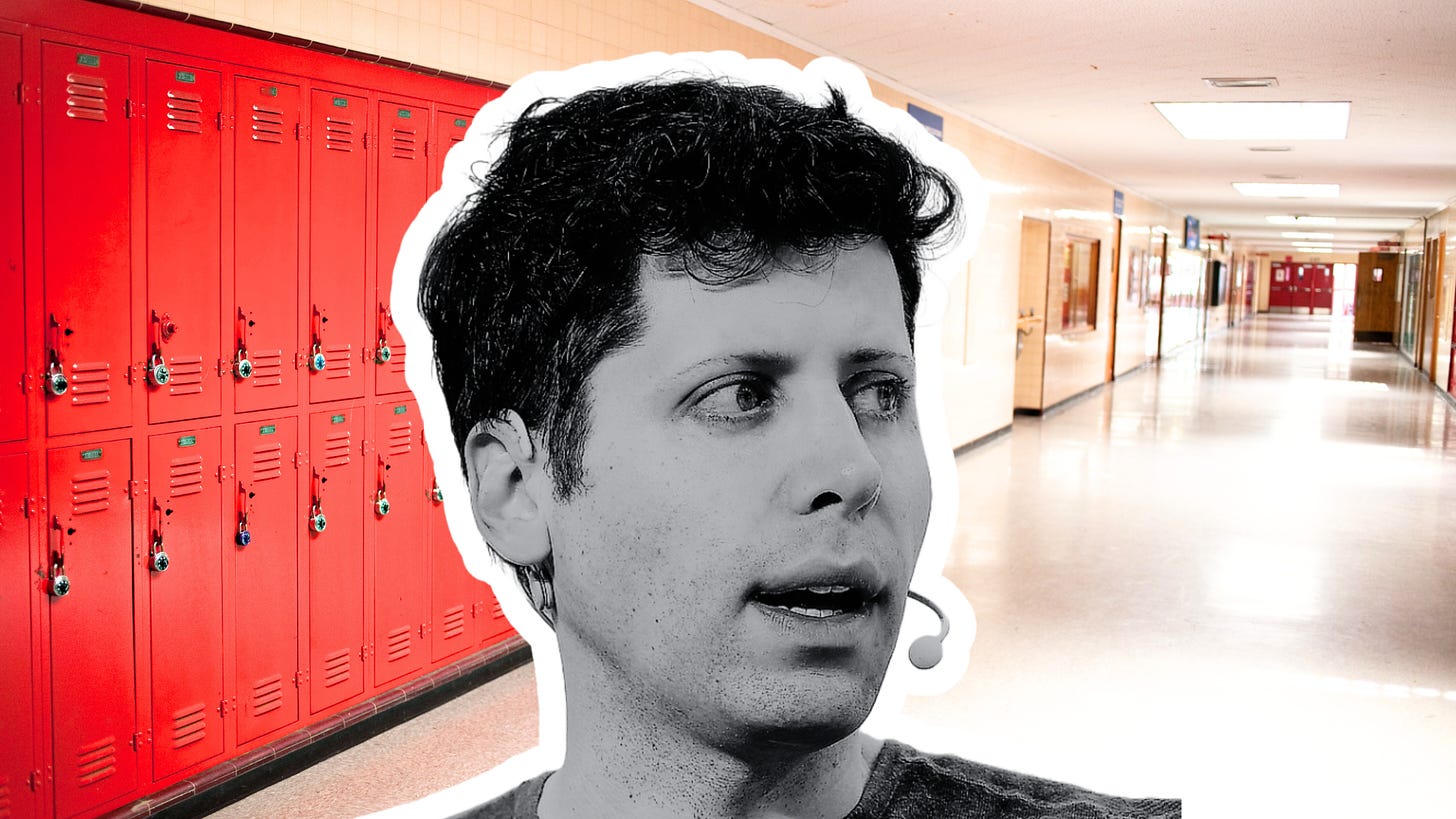 Sam Altman. The background is a school hallway with lockers.