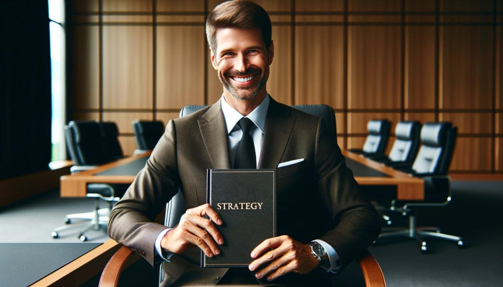 Happy chair of the board holds the strategy document. 