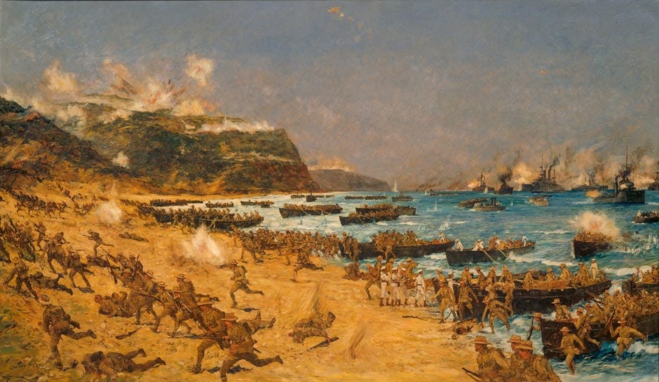 <em>Landing at Anzac, April 25, 1915</em> by Charles Dixon