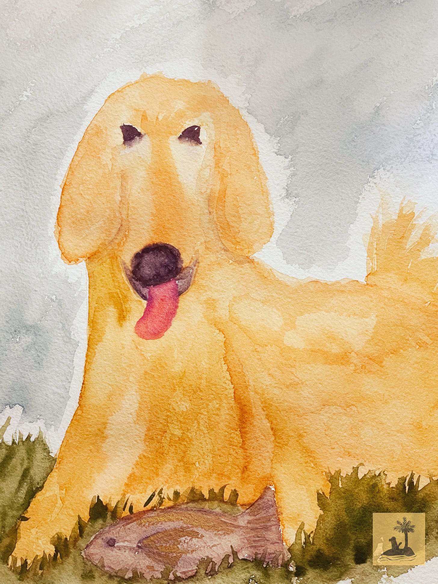 A painting of a golden retriever with a fish