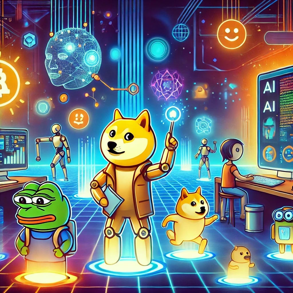 A futuristic digital illustration showcasing characters inspired by popular memecoins like Doge and Pepe using AI-powered tools to build and innovate within a vibrant ecosystem. The scene features glowing, dynamic pathways and interactive holographic interfaces, symbolizing creativity and accessibility. Characters are actively collaborating and creating new applications, utilities, and digital content, highlighting AI's role in empowering builders and expanding the ecosystem. The background is colorful and futuristic, emphasizing progress and inclusivity. No text or symbols included.