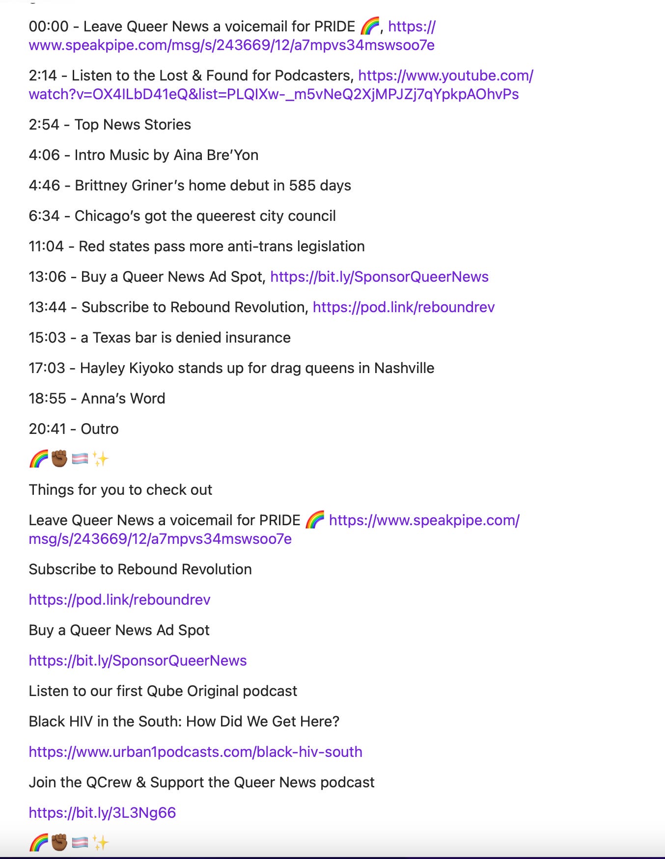 Metadata for Queer News shows a list of timestamps with topics and then links for other things to check out after the show.