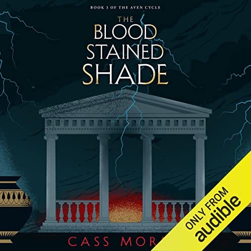 Audiobook cover: THE BLOODSTAINED SHADE by Cass Morris: A Roman temple against a stormy background