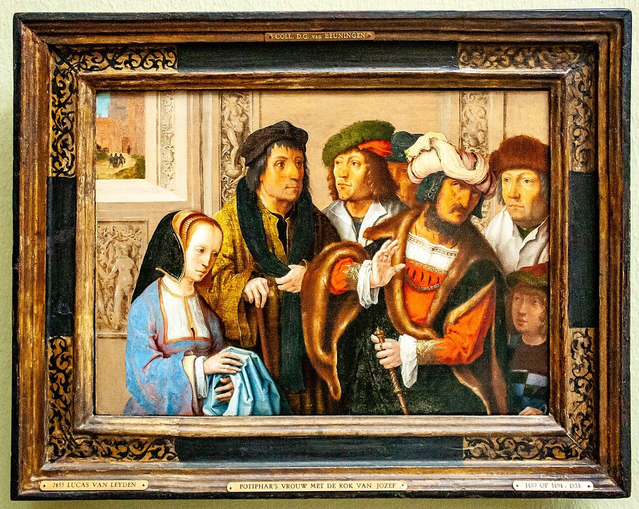 Painting of womam with four men and a boy wearing 16th-century Dutch clothing.