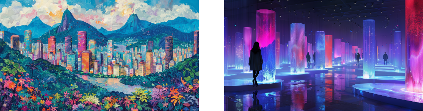 A colorful painting of a vibrant cityscape nestled among lush hills and mountains, next to a digital artwork depicting people walking through an illuminated, futuristic space filled with glowing pillars.