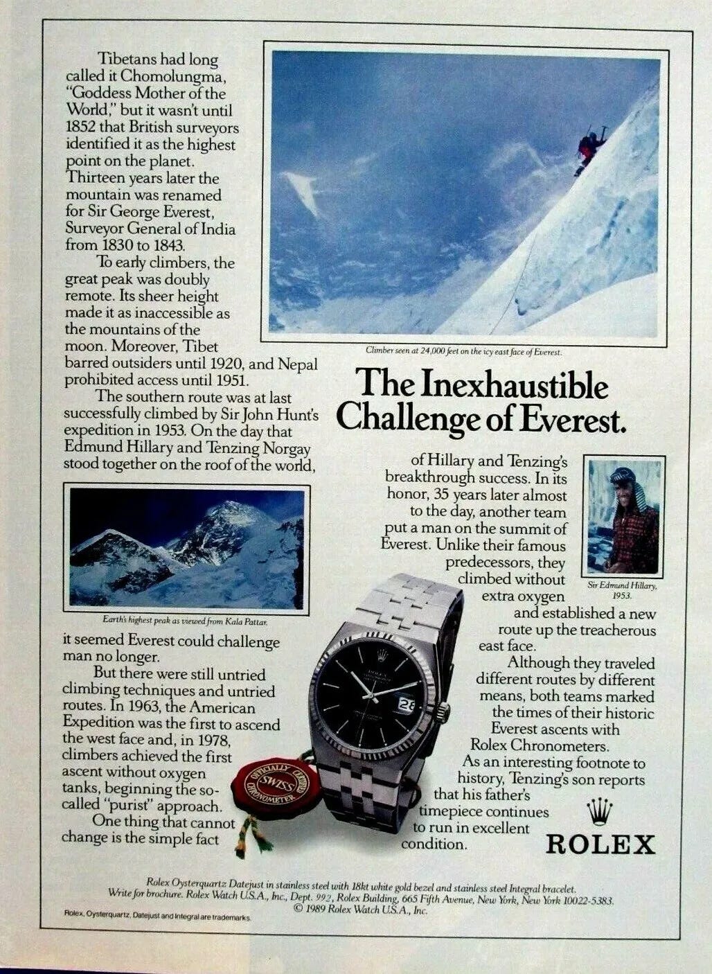  Rolex Sir Edmund Hillary Mt Everest 1989 Vintage Original Print Ad 8.5 x 11" - Picture 1 of 7