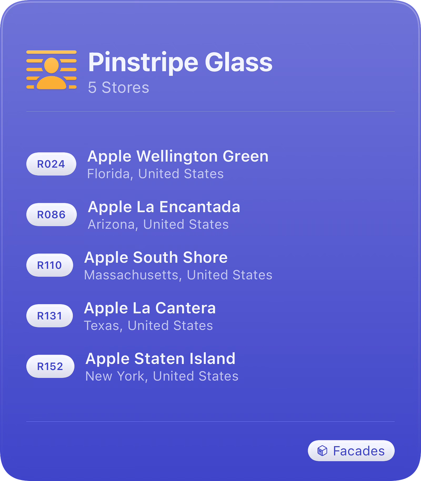 A list of five Apple Stores with Pinstripe Glass dividers: Apple Wellington Green, La Encantada, South Shore, La Cantera, and Staten Island.
