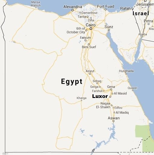 may showing the location of Luxor which is the end of the overnight train from Cairo to Luxor