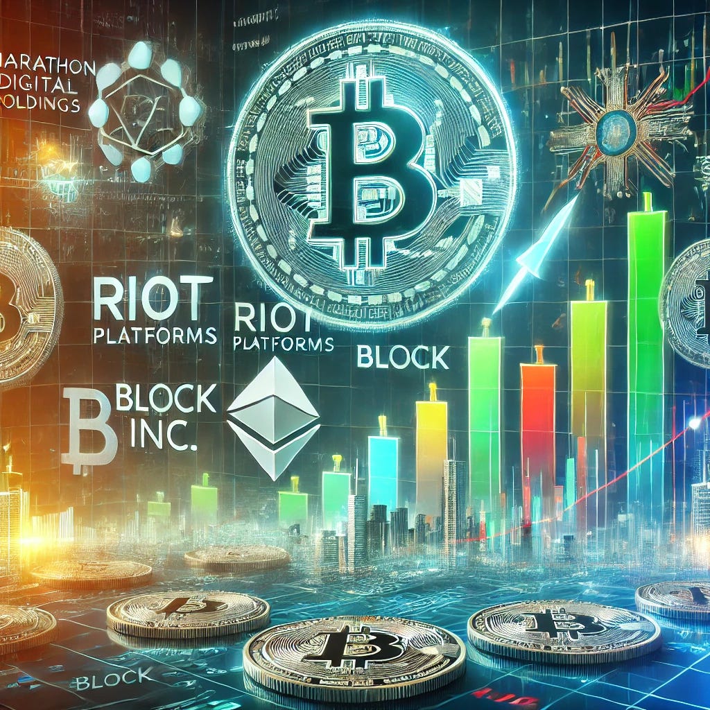 An image showing the stocks of Bitcoin mining companies and fintech firms rising. A futuristic stock chart with symbols for companies like Marathon Digital Holdings, Riot Platforms, Block Inc., and CleanSpark shows sharp upward trends. Background includes a digital Bitcoin and financial graphics representing the stock market's growth. Vibrant colors like green, blue, and orange convey a sense of optimism and opportunity.